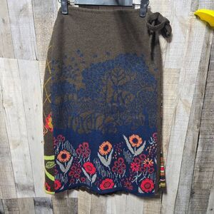 Oilily Brown Floral Multi Pattern Knit Merino Wool Blend Midi Wrap Skirt